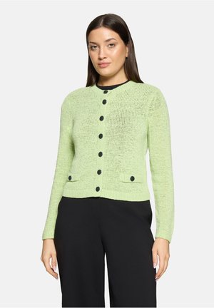 Frau trägt eine hellgrüne Strickjacke mit schwarzen Knöpfen über schwarzer Hose, steht vor einem schlichten weißen Hintergrund.