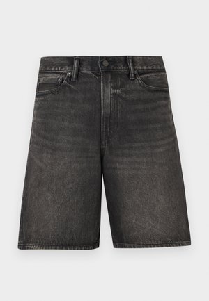 Zwarte denim kniebroek met knoop aan de voorkant, ritssluiting, riemlussen en voorzakken.
