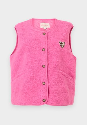 Φλις γιλέκο σε ζωηρό ροζ, με μπροστινό κούμπωμα με κουμπιά, δύο πλευρικές τσέπες και διακοσμητική καρδιά με λεοπάρ μοτίβο στη αριστερή πλευρά.