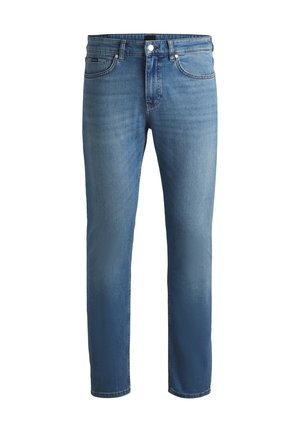 Light blue denim jeans with a regular fit, featuring a smooth texture, five-pocket design, and a zip fly with button closure.