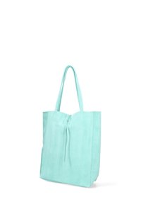 Mintegroene suede tote bag met twee stevige handvatten, een gestructureerde vorm en een trekkoordsluiting. Gladde textuur met een eenvoudig ontwerp.