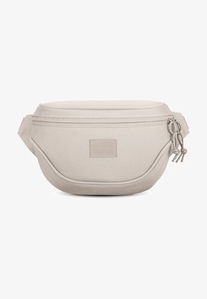 Borsetă de fanny light beige, fabricată dintr-un material durabil, având o suprafață netedă, formă curbată și un fermoar central cu accente din șnur.