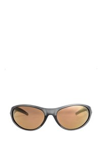 Gafas de sol con un marco negro mate, lentes en forma ovalada con un tinte marrón degradado y patillas elegantes. Sin marcas o adornos visibles.