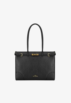 Zwart lederen handtas met een gestructureerde afwerking, twee lange handvatten, gouden hardware, sluiting met klapsluiting, en logo-accent aan de voorkant.