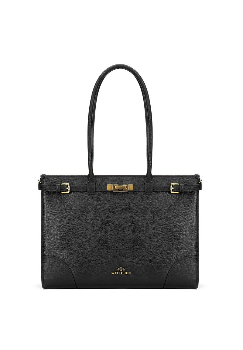 Borsa a mano in pelle nera con finitura testurizzata, due manici lunghi, accessori in oro, chiusura a morsetto e logo in rilievo sulla parte anteriore.