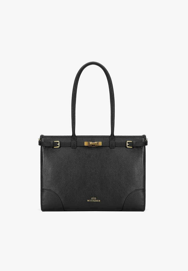 Borsa a mano in pelle nera con finitura testurizzata, due manici lunghi, accessori in oro, chiusura a morsetto e logo in rilievo sulla parte anteriore.