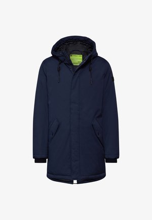 Marineblaue Parkajacke mit Kapuze, Kordelzug, zwei Vordertaschen, gerippten Bündchen und glatter Textur. Das Innenetikett trägt die Aufschrift "STREET ONE."