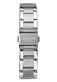 Edelstahl-Uhr mit polierter und gebürsteter Oberfläche, ausgestattet mit einem Gliederarmband-Design und einem sicheren Verschluss. Mit "Sekonda" gekennzeichnet.