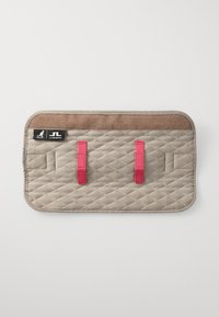 Quilted beige textile organizer with pink straps, featuring a smooth texture and rounded edges. Includes two compartments for storage.