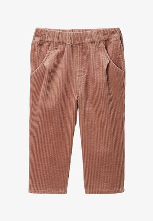 Pantalons en velours côtelé de couleur rose poussiéreux, avec une texture côtelée, une taille élastique et deux poches avant.