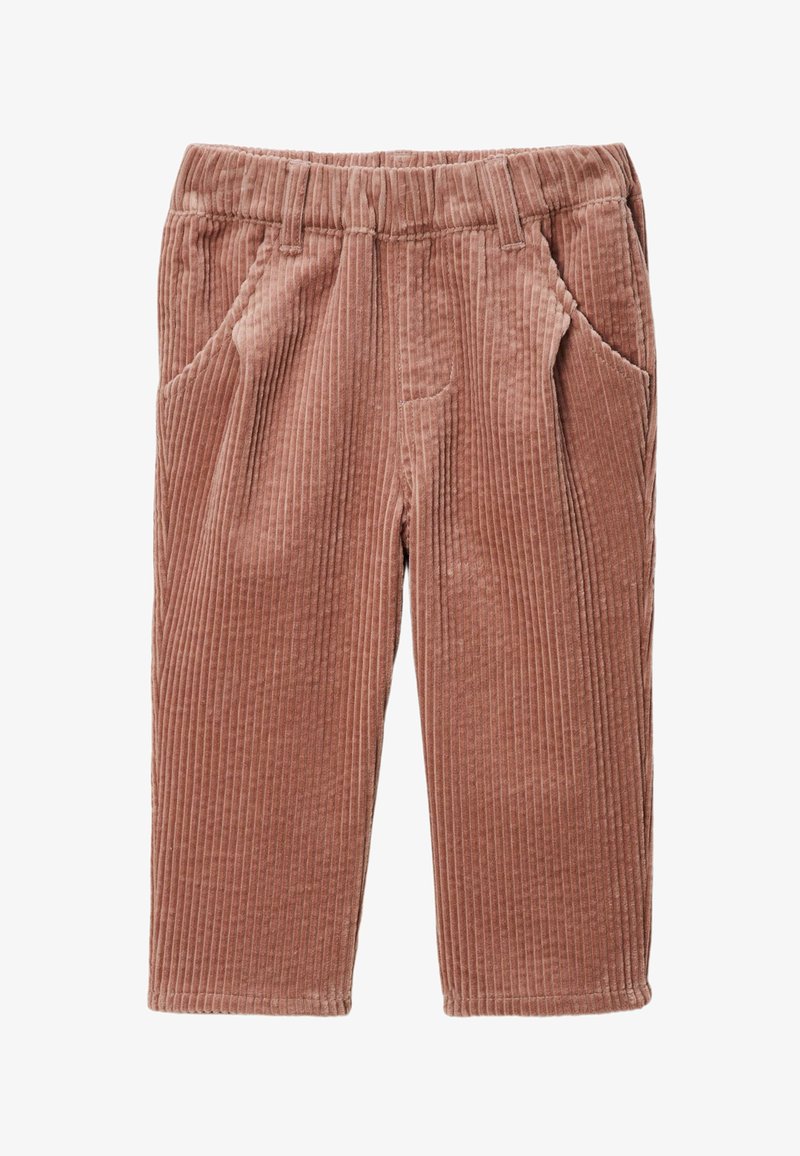 Pantalons en velours côtelé de couleur rose poussiéreux, avec une texture côtelée, une taille élastique et deux poches avant.