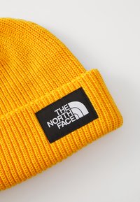 Geltonas megztas kepurė su veliūriniu raštu ir juodu logotipo pleistru, kuriame užrašyta "THE NORTH FACE" ir baltas arkos dizainas.