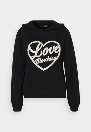 Sweat à capuche noir à manches longues avec un motif blanc en forme de cœur affichant les mots "Love Moschino" sur le devant.