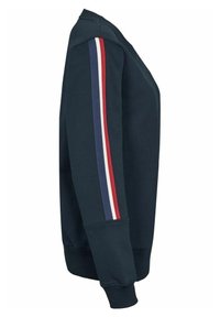 Sweat-shirt bleu marine à manches longues avec des rayures verticales rouges, blanches et bleues courant le long de la manche.