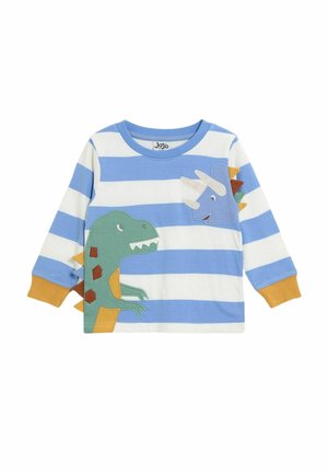 Sinine ja valge triibuline pikakäiseliste särk, millel on dino-silikoonid. Särgil on roheline T-rex ja sinine tritseraatops, oranžide ja kollaste aktsentidega.