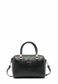 Sac à main en cuir noir avec un design embossé, quincaillerie dorée, doubles poignées supérieures et une bandoulière amovible. Présente le logo de la marque.