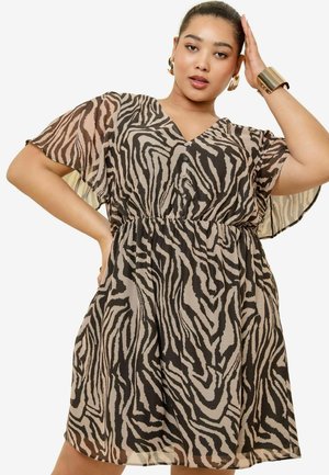 Kleid mit kurzen Ärmeln und V-Ausschnitt aus einem durchsichtigen, leichten Stoff mit einem schwarz-beigen Zebra-Druck, elastischem Taillenbund und schwingender Silhouette.