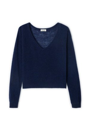 Maglione a v blu navy con maniche lunghe, realizzato in materiale morbido. Caratterizzato da un design cropped e finiture a costine sui polsini e sull'orlo.