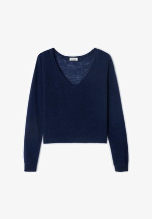 Temno modra pulover s sklepnim izrezom in dolgimi rokavi, narejen iz mehkega materiala. Ima skrajšan dizajn in rebraste obrobe na manšetah in robu.