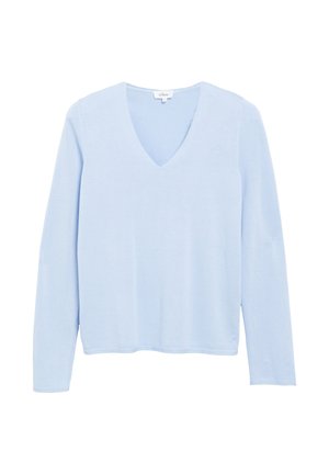 Pull bleu clair à manches longues avec col en V, design uni et ourlet droit.