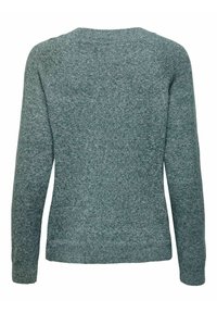 Maglione verde lavorato a maglia con maniche lunghe, scollo rotondo e una texture morbida. Presenta un sottile motivo mélange e polsini a coste.