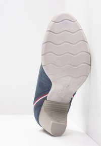 Pohled na spodní část tmavě modré boty s drážkovaným podpatkem, vlnitým vzorkem podrážky, velikost 37, a s červenými, bílými a modrými pruhy po straně.