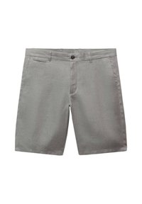 Shorts gris en tissu léger, avec fermeture à bouton, poches avant et un design à plat devant. Texture lisse, coupe ajustée.