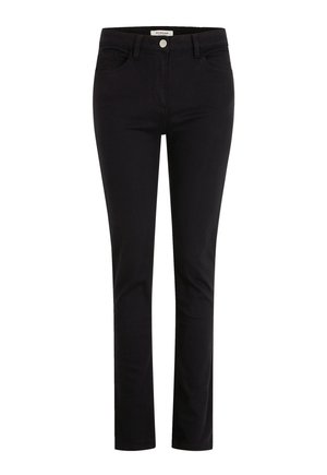 Zwarte denim jeans met een slim fit, voorzien van een knoopsluiting, vijf zakken en subtiele stiksels, ontworpen voor casual gebruik.