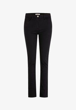 Jeans in denim nero con vestibilità slim, dotati di chiusura a bottone, cinque tasche e dettagli di cucitura discreti, progettati per un utilizzo casual.