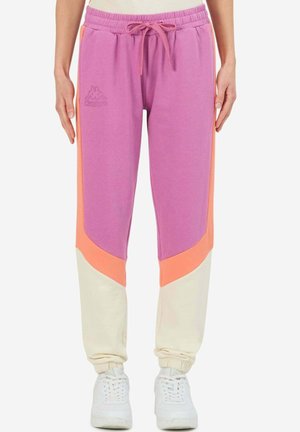 Pantaloni della tuta viola con color blocking arancio e crema, vita elasticizzata con cordino e polsini a coste. Presenta un logo sul davanti.