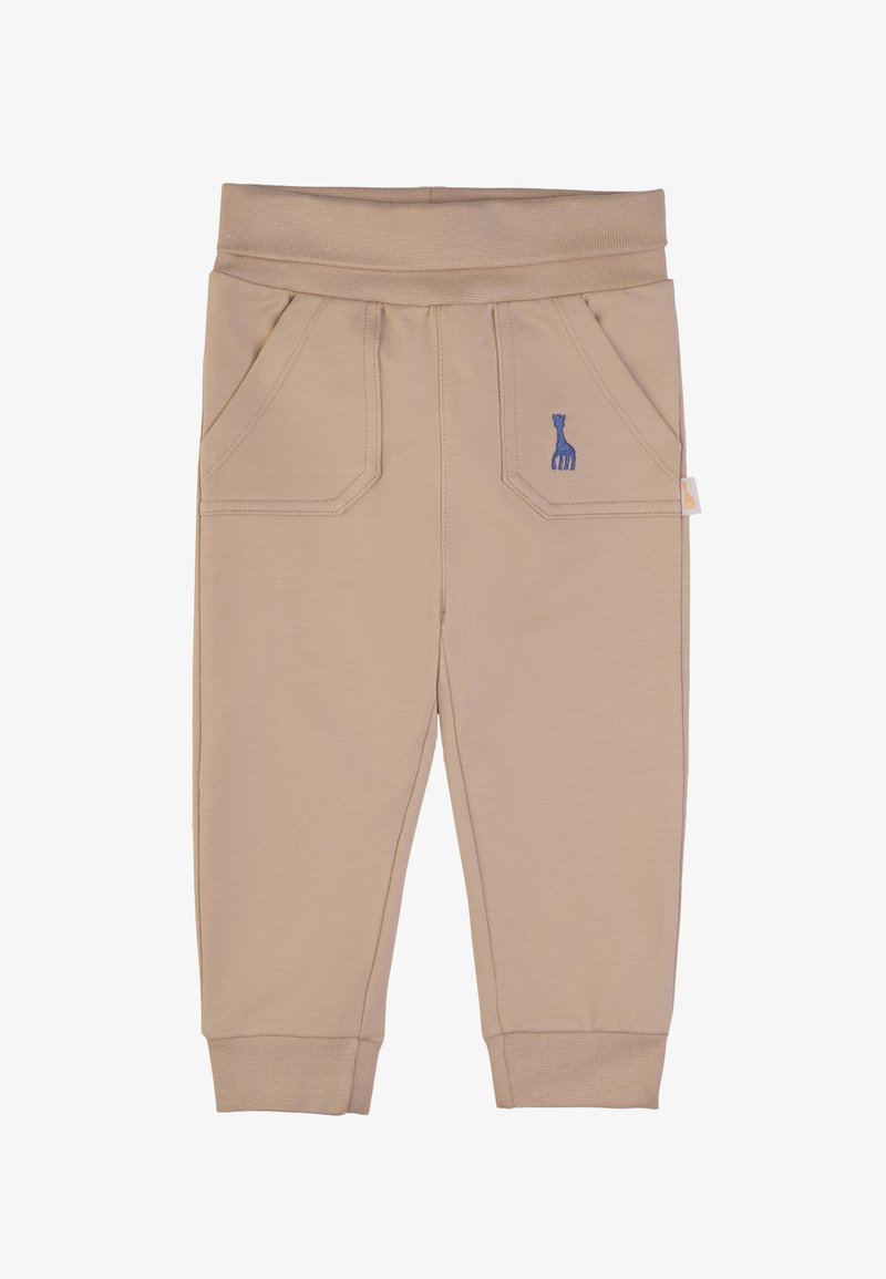 Pantaloni in cotone beige con elastico in vita, dotati di due tasche anteriori e un ricamo di una giraffa blu sulla tasca sinistra.