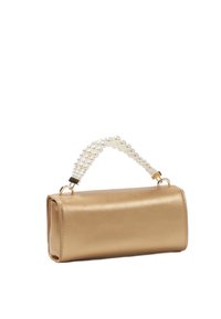 Geantă din piele sintetică aurie, cu formă rectangulară, având un mânere accentuat cu perle și detalii din metal auriu. Textură netedă.