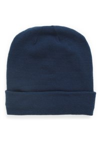 Gorro de punto azul marino, tejido con una textura suave, con un dobladillo enrollado y un diseño de corona sin costuras.