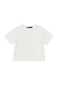 T-shirt bianco a maniche corte realizzato in un tessuto morbido, con scollo rotondo, spacchetti ai lati dell'orlo e un piccolo logo vicino al fondo.