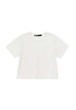 White short-sleeve T-shirt made of soft fabric, featuring a round neck, side slits at the hem, and a small logo detail near the bottom.