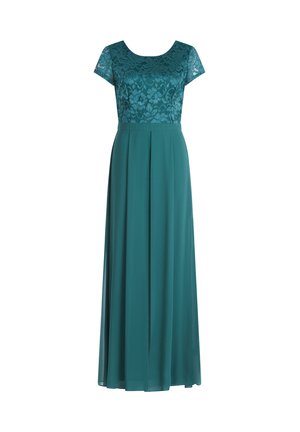 Tauchblaues Abendkleid mit Spitzenoberteil und kurzen Ärmeln, plissiertem Rock und fließenden Design. Sanfte Stofftextur überall.