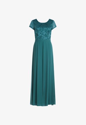 Tauchblaues Abendkleid mit Spitzenoberteil und kurzen Ärmeln, plissiertem Rock und fließenden Design. Sanfte Stofftextur überall.