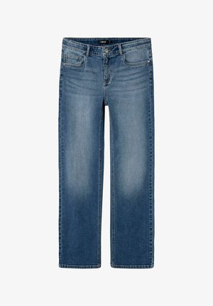 Jeans en denim bleu avec une coupe droite, dotés d'une fermeture à bouton et à glissière standard, d'un design à cinq poches et d'un léger délavage à l'avant.