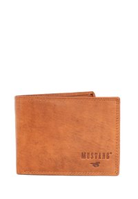 Brown leather wallet with a smooth texture, bi-fold design, and embossed "MUSTANG" branding featuring a horse logo in the corner.