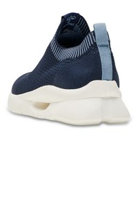 Navy breathable mesh sneaker with a white chunky sole, featuring a blue accent at the heel and striped detail around the collar.