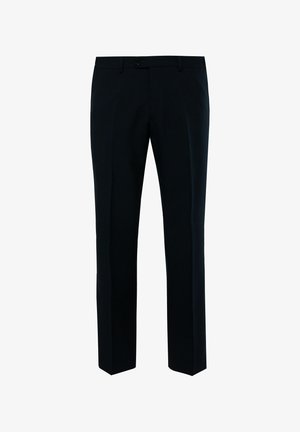 Maßgeschneiderte schwarze Hosen mit glatter Stoffoberfläche, geradem Schnitt, flachem Front, sicherem Knopfverschluss und Seitentaschen für den praktischen Nutzen.