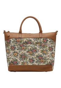 Sac fourre-tout avec un motif de tapisserie florale en jaune, rouge et vert. Accents et poignées en cuir brun, forme rectangulaire structurée.