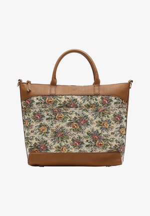 Torba na ramię z kwiecistym wzorem gobelinowym w kolorach żółtym, czerwonym i zielonym. Brązowe skórzane akcenty i uchwyty, usztywniony prostokątny kształt.