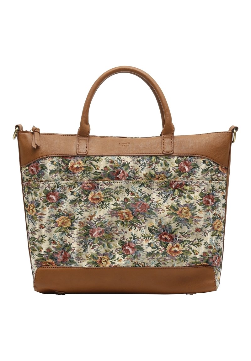 Sac fourre-tout avec un motif de tapisserie florale en jaune, rouge et vert. Accents et poignées en cuir brun, forme rectangulaire structurée.