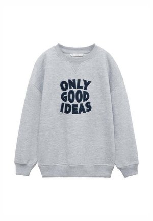 Sweatshirt gris en tissu doux, avec un col rond et des poignets côtelés. L'avant porte un texte brodé en bleu marine audacieux affichant "SEULEMENT DE BONNES IDÉES."