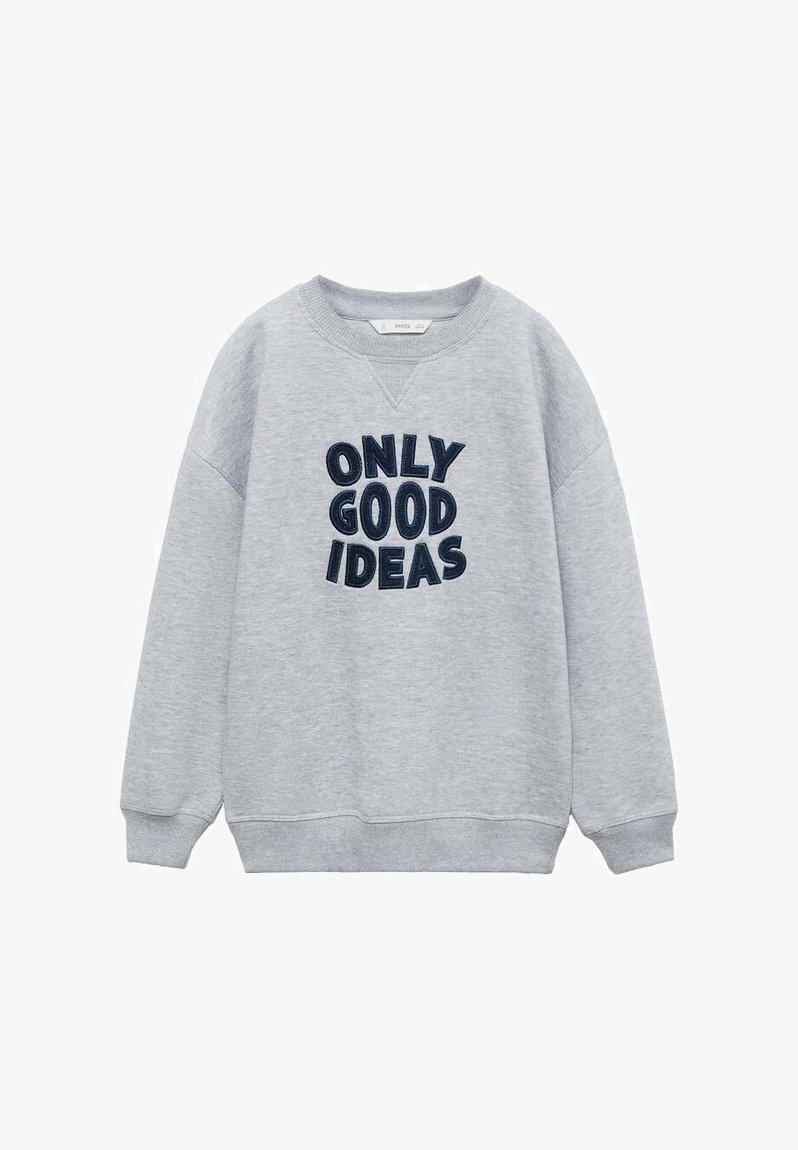 Sweatshirt gris en tissu doux, avec un col rond et des poignets côtelés. L'avant porte un texte brodé en bleu marine audacieux affichant "SEULEMENT DE BONNES IDÉES."