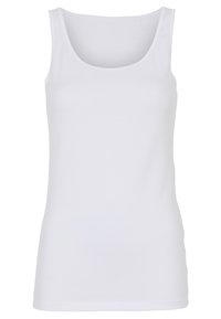 Hvid tanktop, lavet af bomuld, har en scoop-udskæring, ærmeløs design og en glat, ensartet tekstur. Ingen mønstre eller accenter.