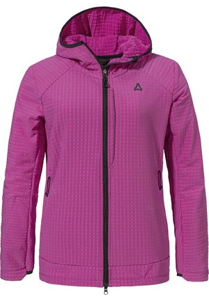 Lila Kapuzenjacke mit strukturierter Oberfläche, Reißverschluss vorne und schwarzen Akzenten. Verfügt über zwei Seitentaschen und eine gefütterte Kapuze.