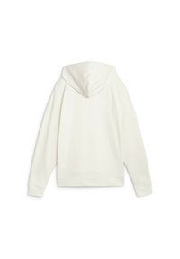 Felpa bianca con cappuccio, tessuto morbido, vestibilità comoda, polsini e orlo a coste, design semplice, senza loghi o motivi visibili.