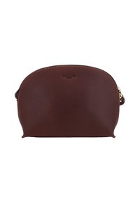 Ruskea nahkapussi, jossa on pyöreä yläpinta, kultainen vetskari ja logo kohokuvioituna. Sujuva pinta ja minimalistinen muotoilu näkyvillä ompelu yksityiskohdilla.